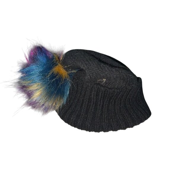 Black Knit Beanie With Multicolor Faux Fur Pom & Heart Accent One Size Womens - Picture 6 of 7